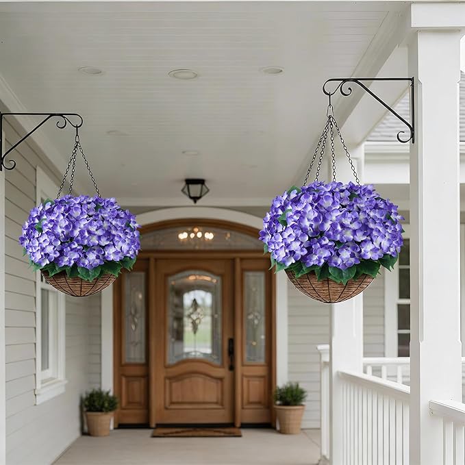 FOTEEWL 8 Bundles Artificial Hydrangea Flowers for Outdoor Decor, Realistic Faux Silk Bouquets Sun-Resistant Fake Plants for Front Door Balcony Farmhouse Garden Home Spring Summer Decor (Purple)