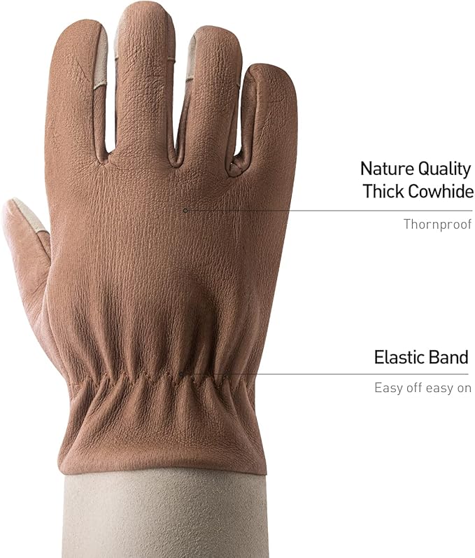 HANDLANDY Long Gardening Gloves for Men & Women, Thorn Proof Rose Pruning Gloves Leather Gauntlets Garden Glove Yard Work Glove (Warm Brown, Medium)