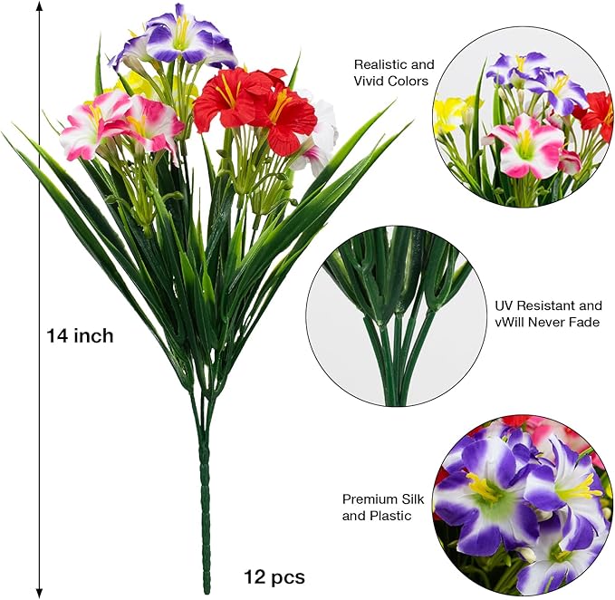 LikSoor Outdoors Artificial Flowers Spring Summer Decor Fake Petunias UV Resistant Flower Faux 12 Bundles Realistic Plastic Plant Porch Patio Window Box Garden Decoration (Mix Color)