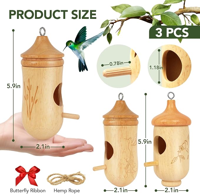 Hummingbird House, Small Hummingbird Houses for Outside, Wooden Bird House with Bow, String, Cute Gardening Gifts Home Decoration