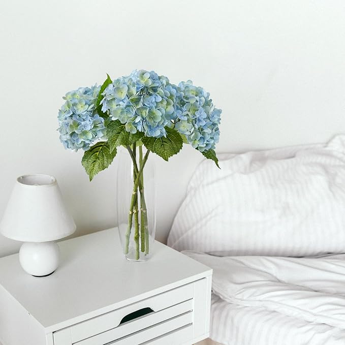 ZYTUYO 3PCS Blue Green Hydrangeas Artificial Flower 21" Real Touch Faux Latex Fake Hydrangeas Silk Bouquet for Home Kitchen Living Room Spring Table Office Wedding Party Arrangement