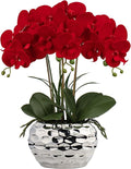 Briful Red Orchid Artificial Flowers 18" Large Silk Orchid with Silver Ceramic Pots Fake Orchid Arrangement for Home Office Bathroom Living Room Table Decoration