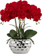 Briful Red Orchid Artificial Flowers 18" Large Silk Orchid with Silver Ceramic Pots Fake Orchid Arrangement for Home Office Bathroom Living Room Table Decoration