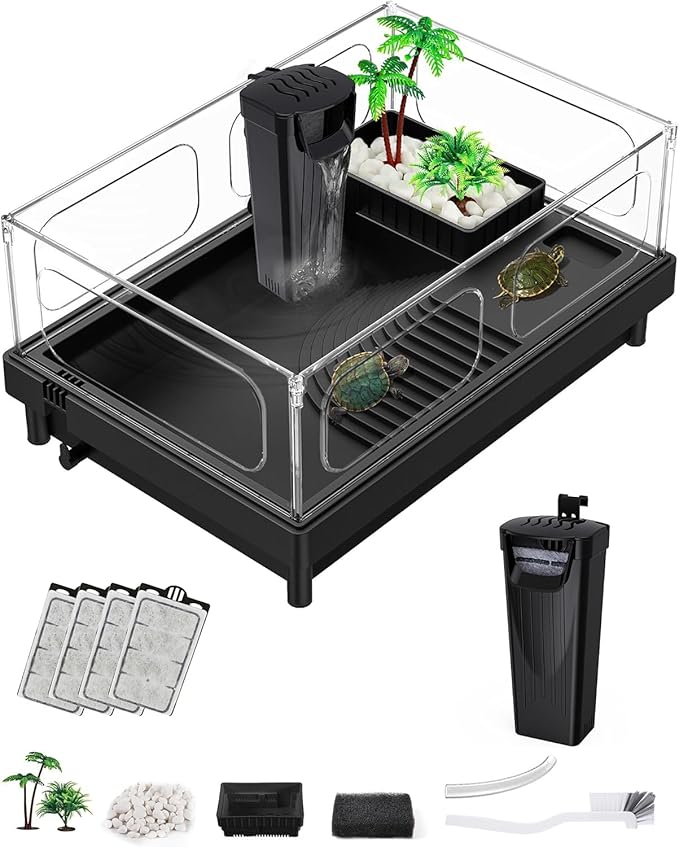 MoonOrange Small Turtle Tank, Aquarium, Acrylic Terrarium with Basking Platform, Bottom Drainage, Multi-Function Areas for Turtles, Crabs, Crayfish, Reptiles (Black+Filter)