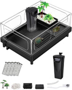 MoonOrange Small Turtle Tank, Aquarium, Acrylic Terrarium with Basking Platform, Bottom Drainage, Multi-Function Areas for Turtles, Crabs, Crayfish, Reptiles (Black+Filter)