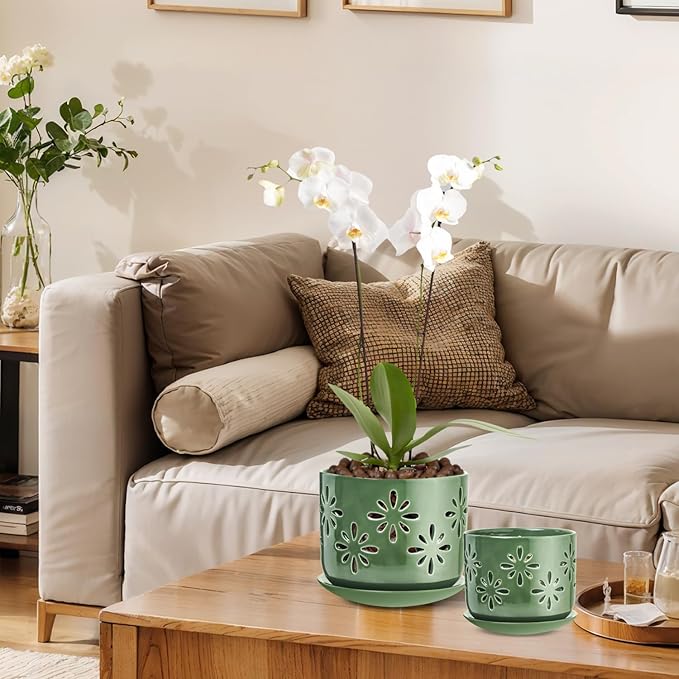 6+5 Inch Orchid Pots with Holes, Ceramic Orchid Pots for Repotting, Healthy Air Circulation Plant Pots for Plant Lovers, Planters for Indoor Plants -2 Pack