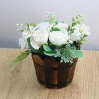 MY MIRONEY Wooden Barrel Planter Vintage Style Wood Bucket Rustic Garden Flower Plant Pots Container with Metal Ring Handles, Wave Mouth, 5.91" x 4.72"