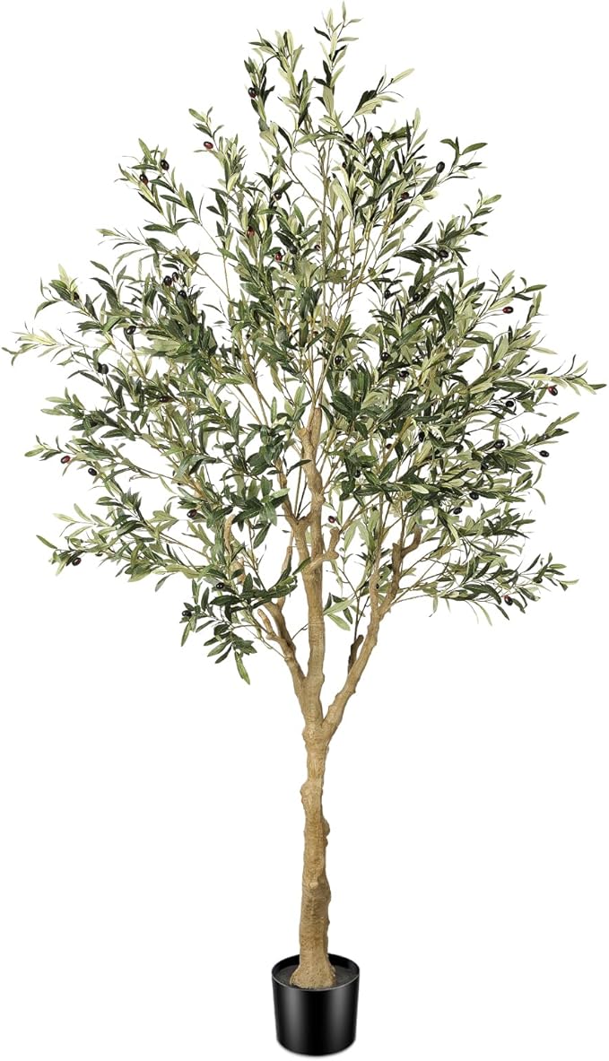 FEELEAD Faux Olive Tree 7ft - Realistic Artificial Olive Tree 7 Feet Indoor (84") - Tall Fake Potted Olive Silk Tree Artificial Indoor with Natural Wood Trunk for Home Office Decor
