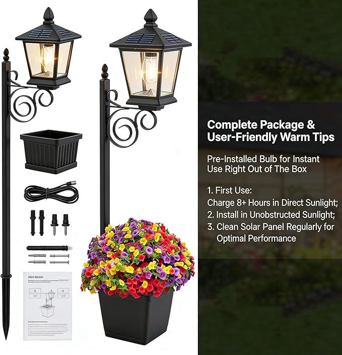 2-in-1 Solar Lamp Post Light with Planter, IP65 Waterproof Auto On Off with Artificial Flowers, Wall Mount Freestanding for Porch Planters with Flowers, Garden Patio Yard