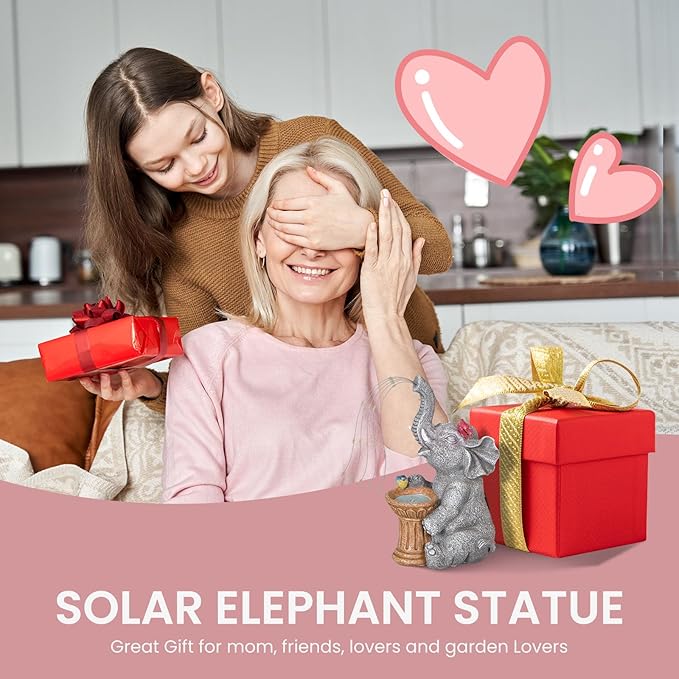 Solar Elephant Statue Garden Decor Outdoor, Garden Decoration with Led Lights, Mother' s Day Gifts for Mom, Birthday Gifts for Women, Garden Statue for Housewarming, Lawn, Yard, Patio