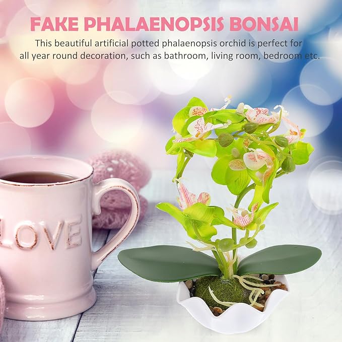 INOOMP Artificial Phalaenopsis Orchid Bonsai with Pot, Faux Orchid Flower Green Desktop Decoration for Home Interior, Realistic Fake Flower Plant for Living Room and Office