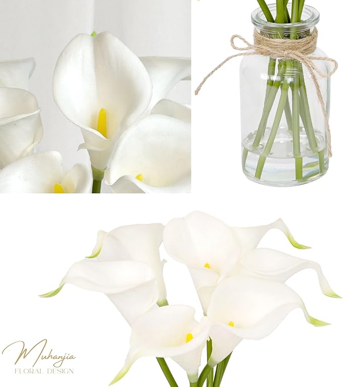 Muhanjia Artificial Flowers Calla Lily in Glass Vase with Faux Water,7Pcs Artificial Flower Real Touch Latex Flowers for Centerpiece Table Decorations Counter Decor(White Calla Lily)