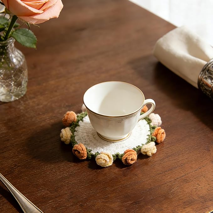 Handmade Crochet Orange Rose Coaster, Realistic Mini Flower Pot Holder, Washable Cotton Yarn Table Decoration, Multi-Purpose Mat for Cup & Mug, 2 x 2 x 3.5 inches