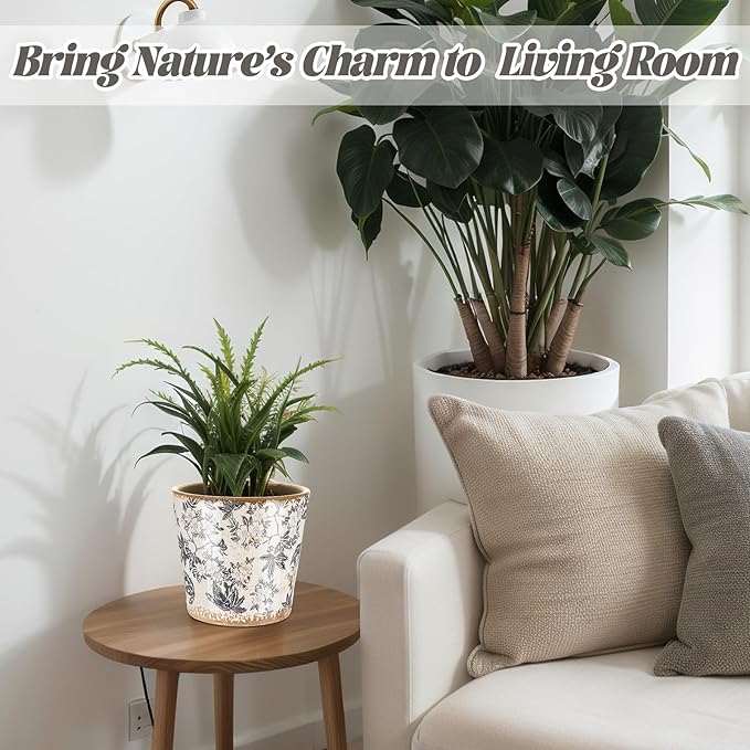 Beeveer Farmhouse Ceramic Planter 5.5 Inch Large Plants Pot Crack Beige Gray Flowers Plant Pots with Drainage Hole Indoor Plants Kitchen Rustic Antique Decor Gift