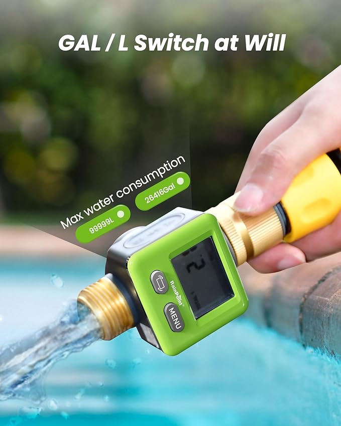 RAINPOINT Water Flow Meter, ±5% Accuracy, Pure Brass Inlet & Outlet Water Meter, 180° Screen-Flip, 4 Measure Modes for Outdoor Garden Hose, Lawn Sprinkler Watering, RV Water Tank Filling, Green