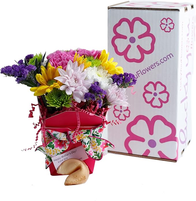 Summer Time Fresh Cut Live Flowers Arranged in a Takeout Container with Your Personal Message Tucked Inside a Fortune Cookie