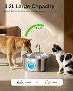 PEKTACO Stainless Steel Cat Water Fountain, 3.2L/108oz Cat Water Dispenser with Quiet Water Pump, Dishwasher Safe Pet Drinking Fountain for Cats
