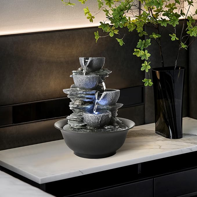 WICHEMI Tabletop Fountain Warer Fountains Indoor Waterfall Fountain Indoor Relaxing Water Feature Meditation Fountains with LED Light for Home Office Bedroom Decor (Style 15)