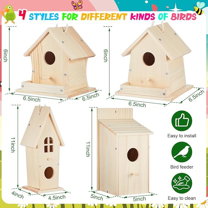 Liliful 4 Pack Birdhouse Crafts for Kids, Wooden Creative DIY Bird House Kits Arts and Crafts Set for Kids and Adults, Spring Birthday Gifts for Toddlers Ages (Holiday Style)