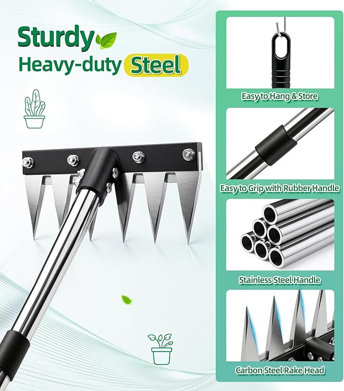 Weed Rake Tool Iron Weed Puller with 71" Adjustable Long Handle, 6 Teeth Garden Weed Remover Tool Heavy Duty Manual Weed Puller with Gloves for Yard, Lawn, Garden