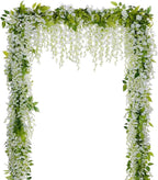 Lvydec Wisteria Artificial Flowers Garland, 4Pcs Total 28.8ft White Artificial Wisteria Vine Silk Hanging Flower for Home Garden Outdoor Ceremony Wedding Arch Floral Decor