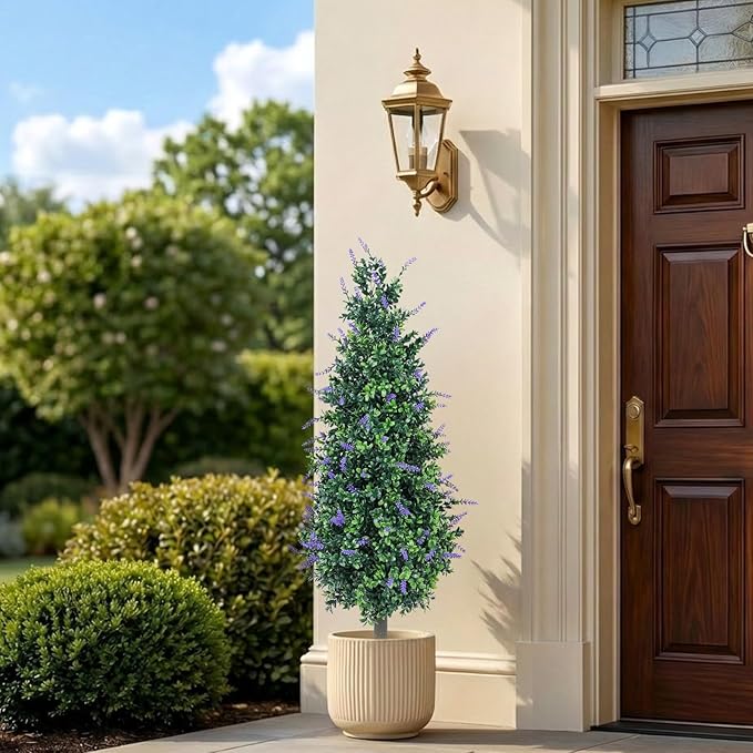PATIO CHOICE 3ft Artificial Topiary Trees with Lavender Set of 2 Outdoor Faux Plants Artificial Realistic Fake Bushes Decorations for Outdoor Front Porch Garden (Lavender, 36in)