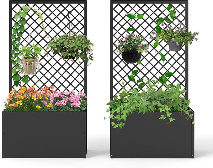 kinbor Planter with Trellis - Set of 2 Planter Boxes Outdoor, Metal Raised Garden Bed with Lattice Trellis for Climbing Plants, Black Flower Boxes Outdoor