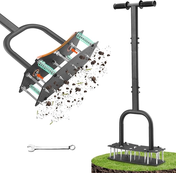 Lawn Aerator Tool for Clay Soil - Kick to Unclog & Bolt-On Base Never Breaks - 11 Heavy Duty 3.5” Spikes for Deeper Penetration - Pre Assembled 12.2x6” Plate