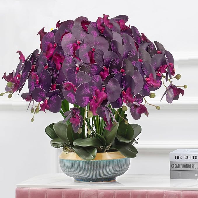FagusHome 32 Inch Artificial Phalaenopsis Flowers 6 Pcs Artificial Orchid Flowers Stem Plants for Home Décor (Dark Purple)