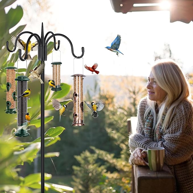 FEED GARDEN 76 Inch Four Shepherd Hooks for Outdoor,Bird Feeder Pole with 5 Prong Base, Adjustable Shepard Hooks for Hanging Plant, Solar Lanterns, Wind Chimes, 2 Pack