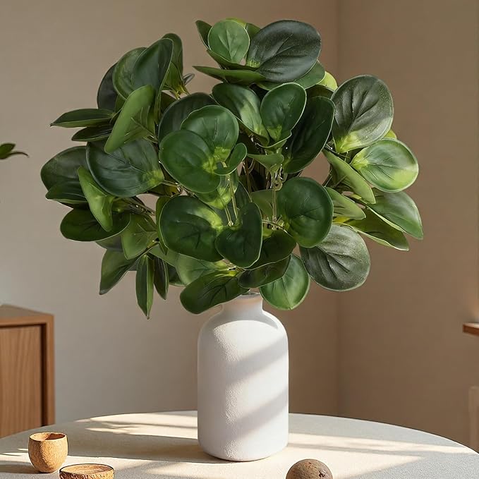 15" Artificial Eucalyptus Stems Potted Plant - Realistic Small Fake Desk Plants for Office Home Decor, Faux Plants in Frosted Ceramic Vase for Indoor Spaces, Wedding Centerpieces Table Decor（2pcs leaf