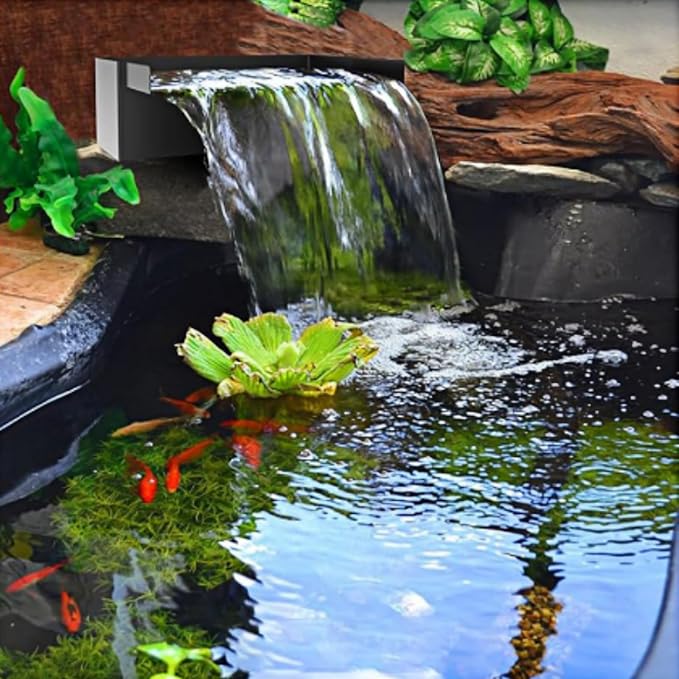 Pool Fountain,Acrylic Waterfall Spillway Pond Fountain,Includes Waterfall Box,Filter Media,Pipe Connector,12 Inches Black Pool Water Feature for Garden Patio,Backyard Koi Pond Decor