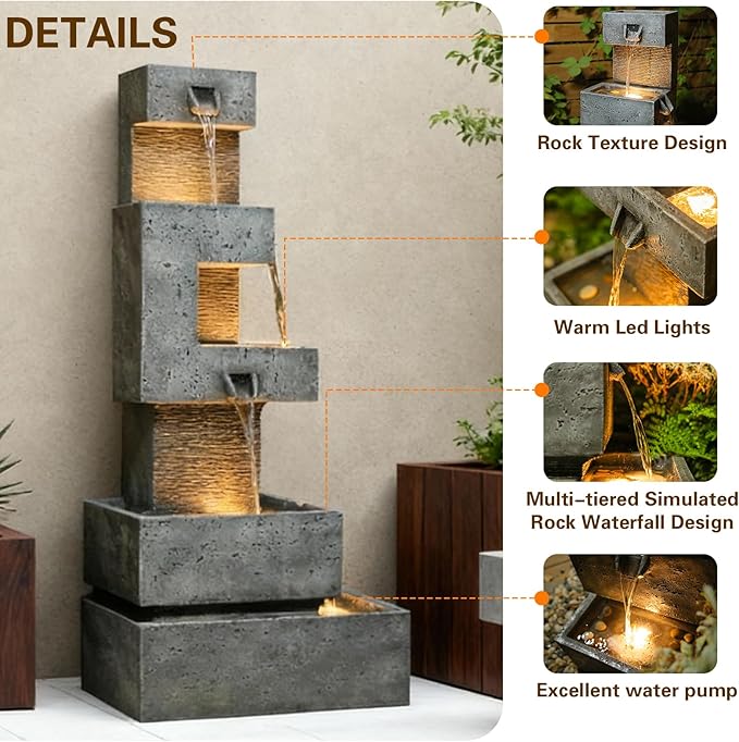 Sunlinua 48.4" H Outdoor Water Fountain with 4 Tiers Cascading Realistic Rock Waterfall Fountains with LED Lights Outdoor Water Fountain for Garden Patio Backyard Porch Home Decor