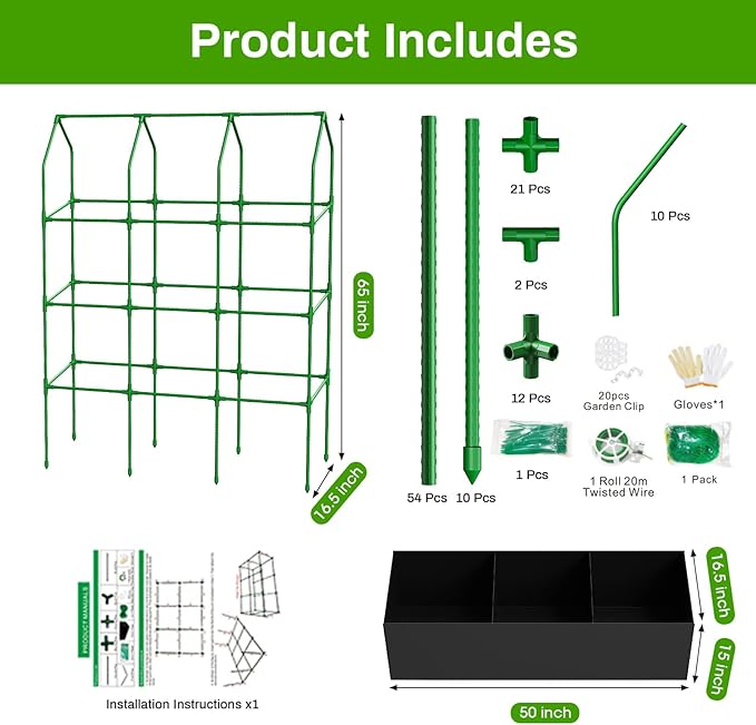Large Cucumber Trellis with Grow Bag, 65" Tall Metal Garden Trellis for Climbing Plants Outdoor, Reusable Cucumber Trellis for Raised Bed with Netting for Tomatoes, Peas, Grapes Plant Support