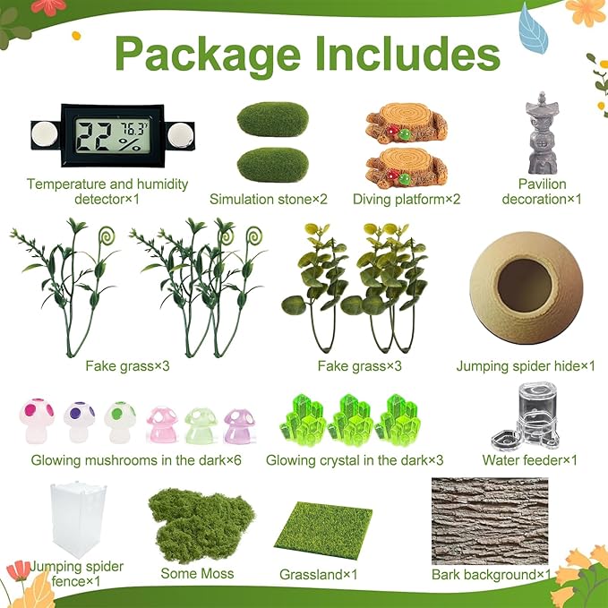 Jumping Spider Enclosure Kit,(Contains All Components) DIY Insects Habitat,Small Reptile Terrarium Glass House Accessories Set,with Temperature and Humidity Detector.5.5“x5.5”x9.5“ (Green)
