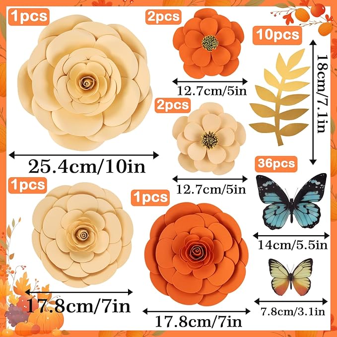 PAPER JAZZ Spring Artifical Paper Flowers Decorations for Wall, Orange Bulletin Board Decorations for Classroom, Flower Window Clings for Wedding Party,Tea,Baby Shower.