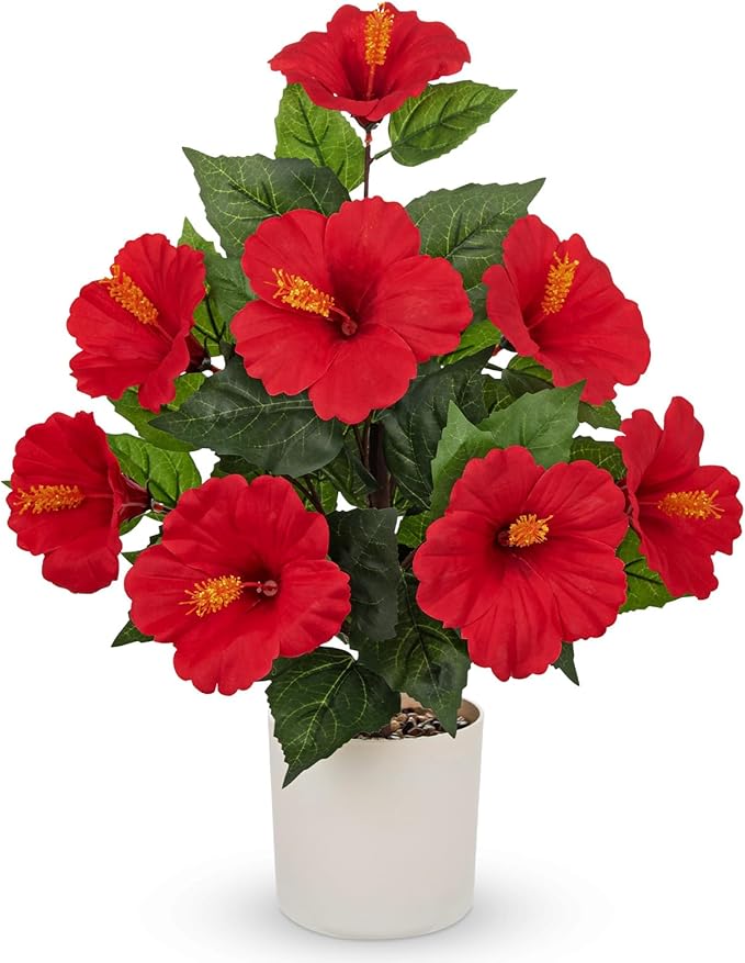 Briful Artificial Hibiscus Potted Plant 20.8” Tall, Realistic Silk Hibiscus Flowers Farmhouse Table Decor, Faux Tropical Flower Plant in Pot for Living Room Table, Entryway, Office, Home Decor, Red