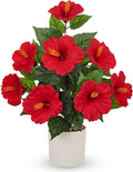 Briful Artificial Hibiscus Potted Plant 20.8” Tall, Realistic Silk Hibiscus Flowers Farmhouse Table Decor, Faux Tropical Flower Plant in Pot for Living Room Table, Entryway, Office, Home Decor, Red