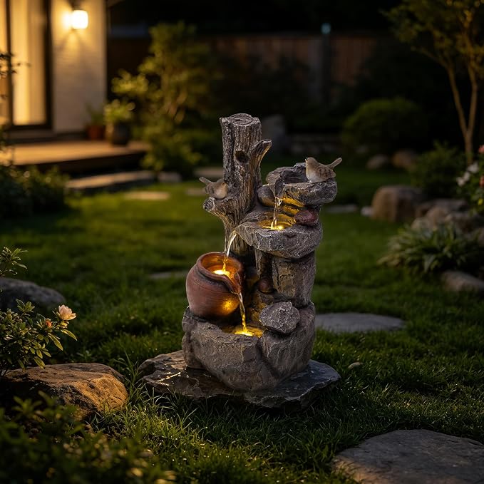 18.9" H Water Fountain Outdoor/Indoor, Garden Fountain with LED Lights, Rock Pottery Jar Waterfall Fountain for Patio Porch Yard Backyard Farmhouse