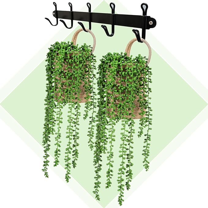 Umigy 2 Pack Wall Hanging Rope Baskets with 4 Pcs Faux Strings of Pearls Plant Jute Hanging Basket with Artificial Succulents for Porch Living Room Bedroom Entryway Patio Outdoor Decoration
