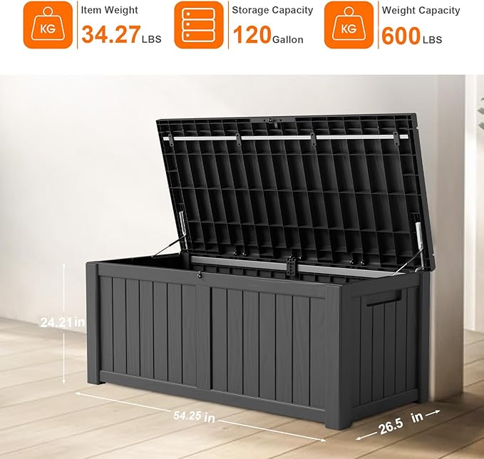 PatioZen 120 Gallon Resin Deck Box, Lockable Patio Outdoor Storage Box for Furniture, Garden Tools and Tools Storage, Waterproof Outside Storage Boxes - Black
