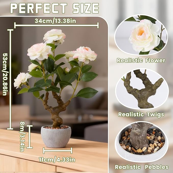 TOARTi Artificial Camellia Potted Plant with Stone Pot, 20" Tall Fake Potted Flowers Faux Desk Plant, Realistic Decorative Plants Indoor Decor for for Home Bedroom Bathroom Office Desk
