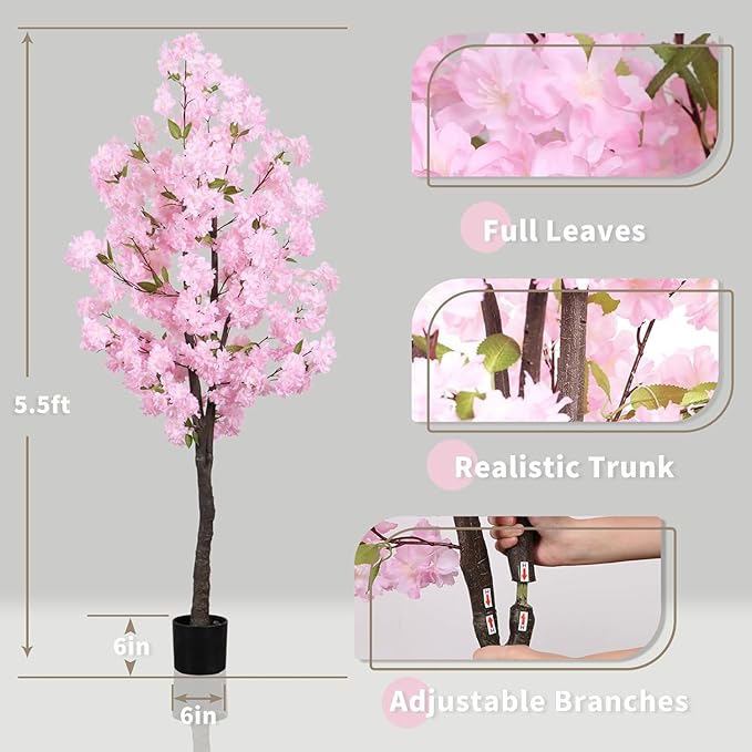 Artificial Pink Cherry Blossom Tree 5.5ft(67in) Tall Fake Silk Leaves Indoor Decor Handmade Lifelike Sakura Tree for Wedding Realistic Cherry Plant in Pot for Home Living Room,Office,Outdoor Decor