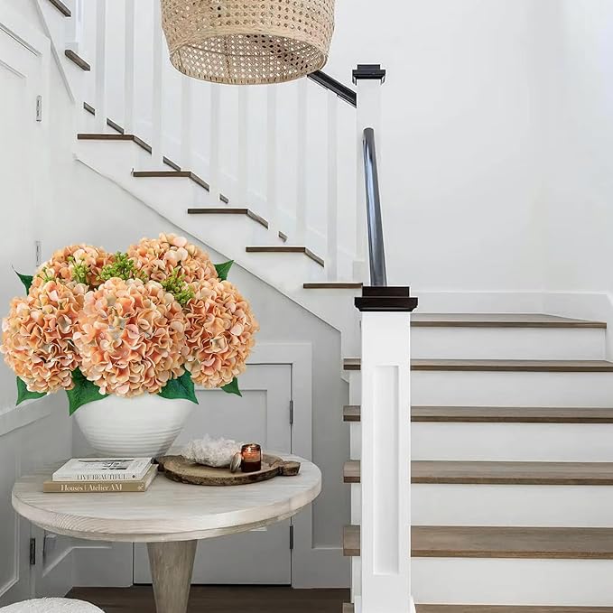ZYTUYO 5 Pcs Peach Orange Silk Hydrangeas Artificial Flower Boho Dried Touch 20'' Faux Hydrangeas for Indoor Home Decor Kitchen Living Room Outdoor Porch Wedding Flower Arrangement
