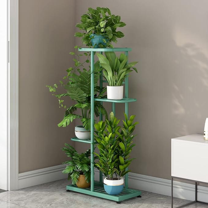 LINZINAR Metal 4 Tier 5 Potted Indoor Outdoor Plant Stand Shelf Planter Display for Patio Garden Corner Balcony Living Room