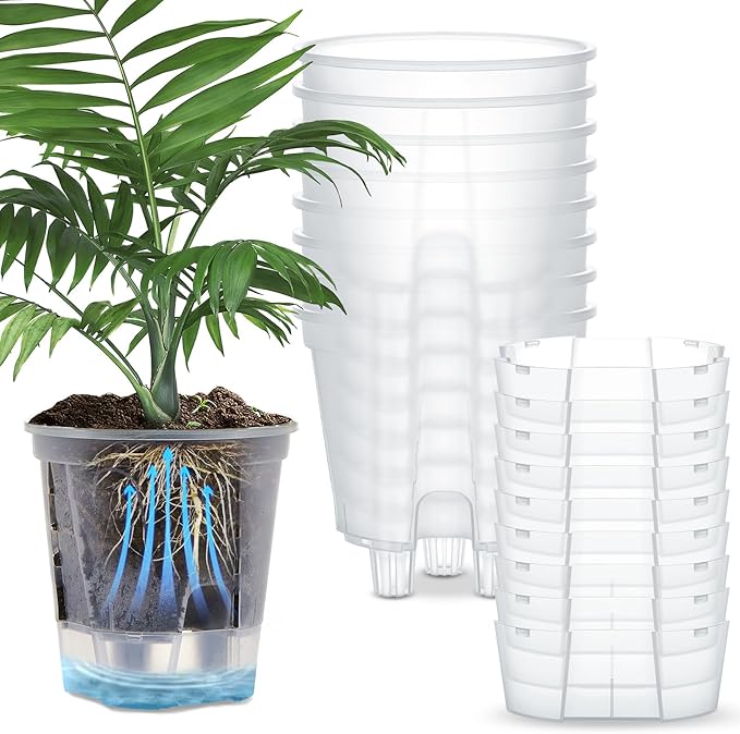 Wonderjune Self Watering Pots for Indoor Plants with Deep Reservoir and High Drainage Holes for Outdoor Plants and Flowers, Bare Root Planter(5.91'',Clear,9 Pcs)