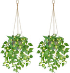 2 Pack Hanging Plant Fake Hanging Plants with LED Lights, Artificial Hanging Plant with Pots, Artificial Plants for Home Decor Wall Indoor Outdoor Office Decor