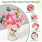 Livole 22Pcs Fake Flowers with Vase Silk Pink Artificial Flowers in Vase with Light Fake Plant Eucalyptus Flower Arrangement for Table Centerpieces Decor for Living Room Coffee Home Farmhouse