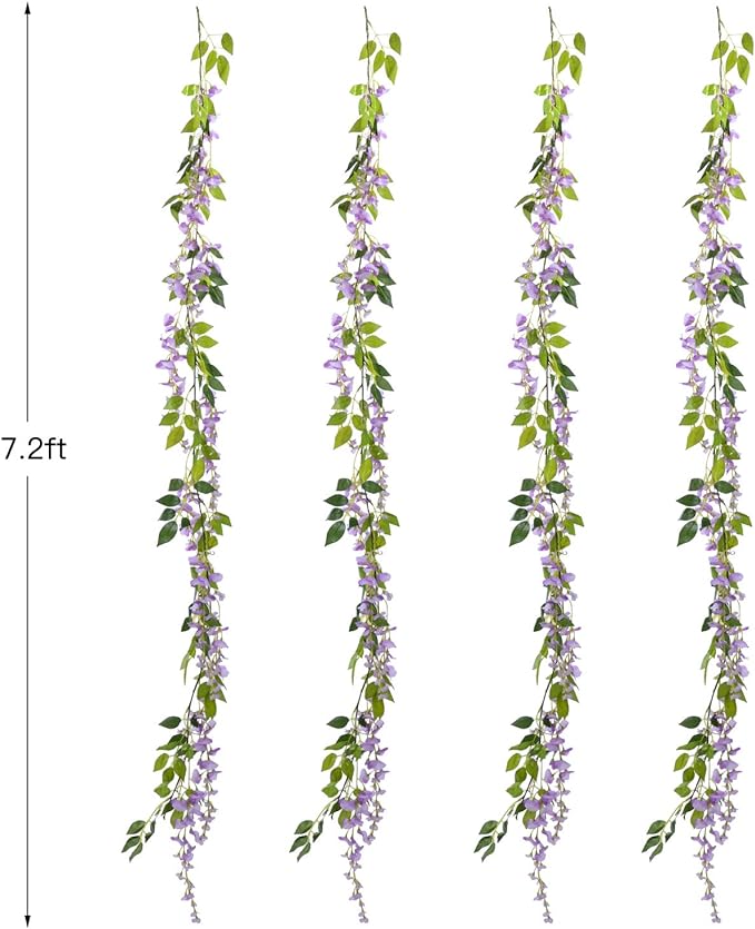 Lvydec Wisteria Artificial Flowers Garland, 4 Pcs Total 28.8ft Artificial Wisteria Vine Silk Hanging Flower for Home Garden Outdoor Ceremony Wedding Arch Floral Decor (Light Purple)