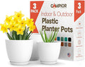 Planter Pots with Drainage Holes - Lightweight, Durable & Space-Saving Pots for Indoor and Outdoor - Versatile Functionality, Simple Modern Design, Set of 3 Plastic Planter Pots - White